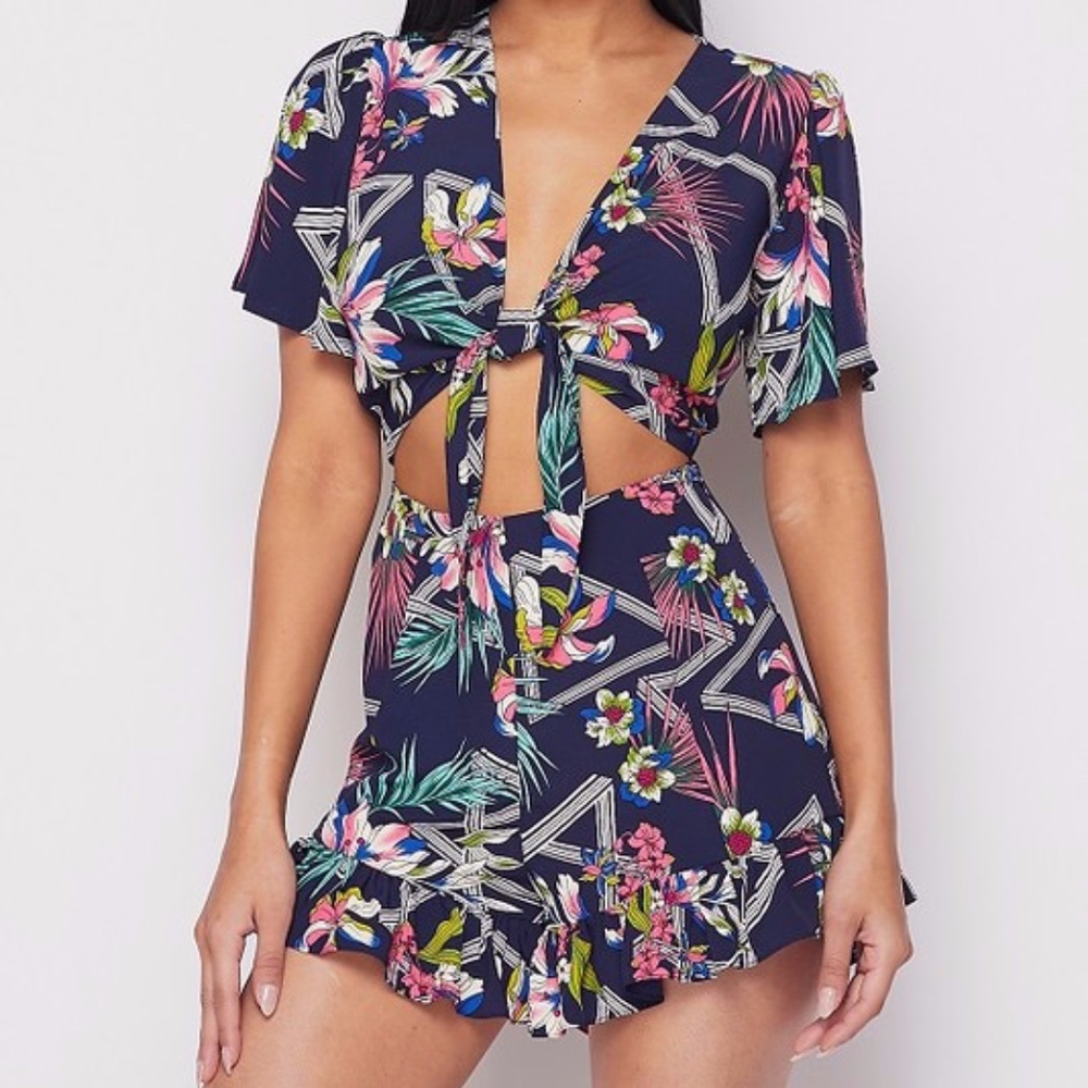 Navy Printed Romper Floral and Leaves